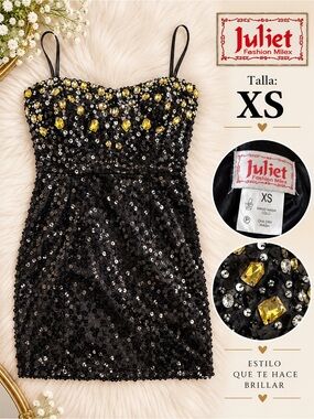 Juliet Black Sequin Mini Dress with Yellow Gem Accents